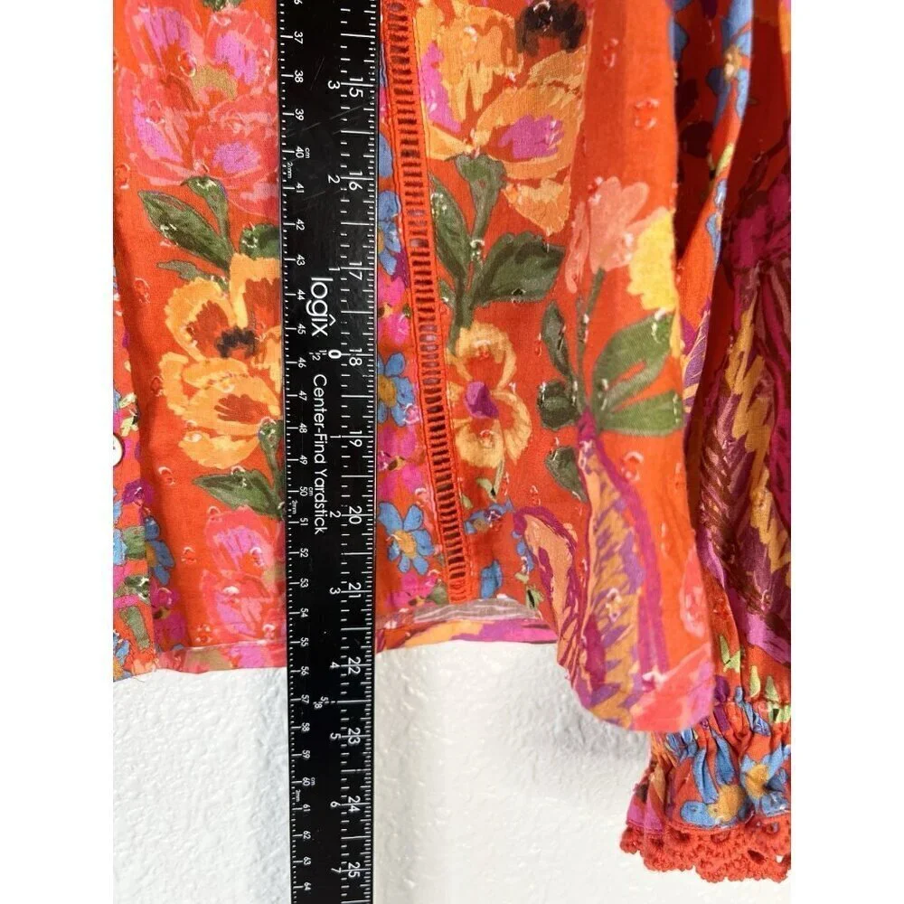Farm Rio Top Spring Banana XS Floral Ruffle Puff Sleeve Boho Artsy Vacation